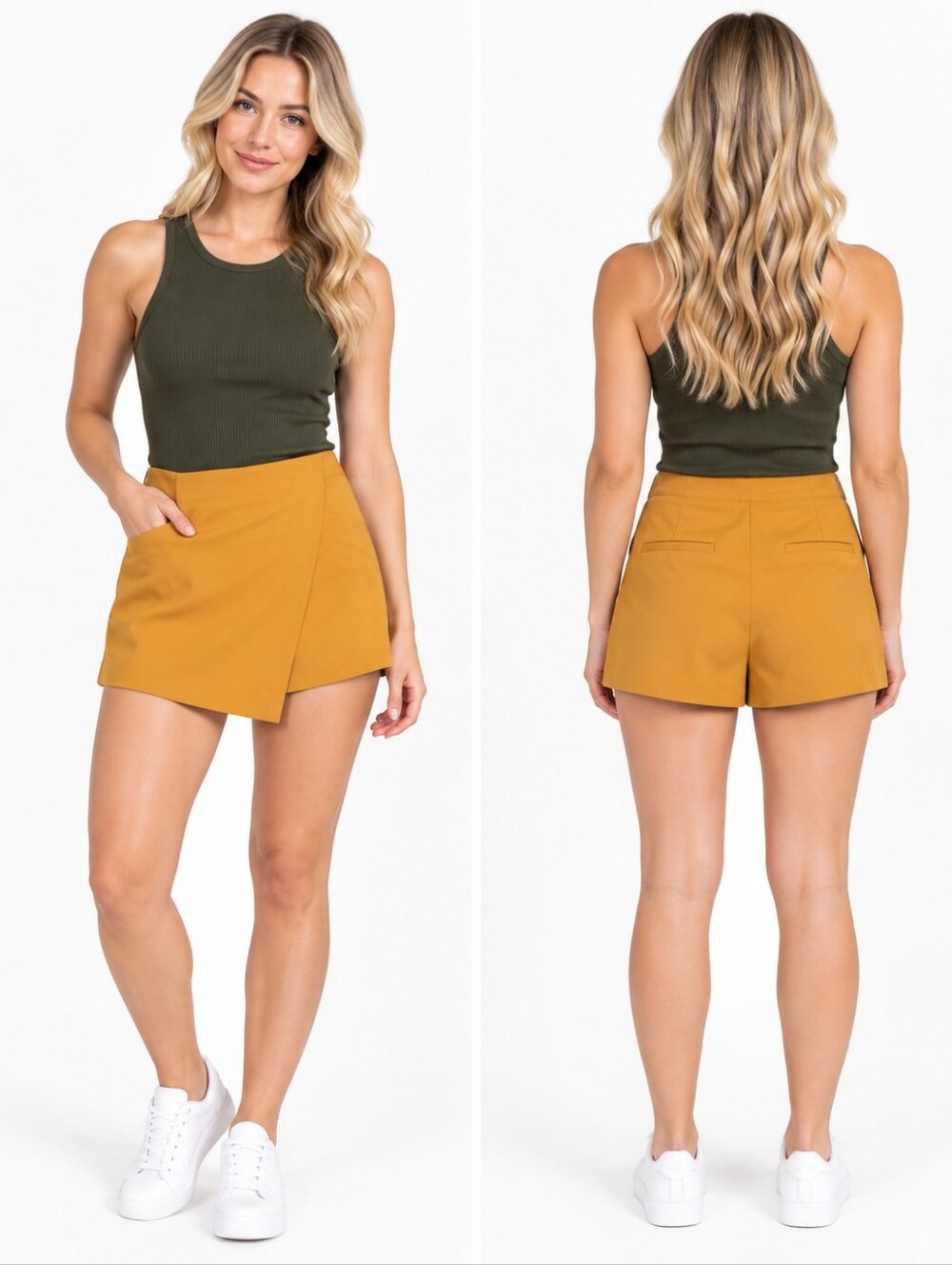 ZARA Asymmetric Wrap Skort Mini Skirt Shorts Women Mustard Yellow XXL Fall